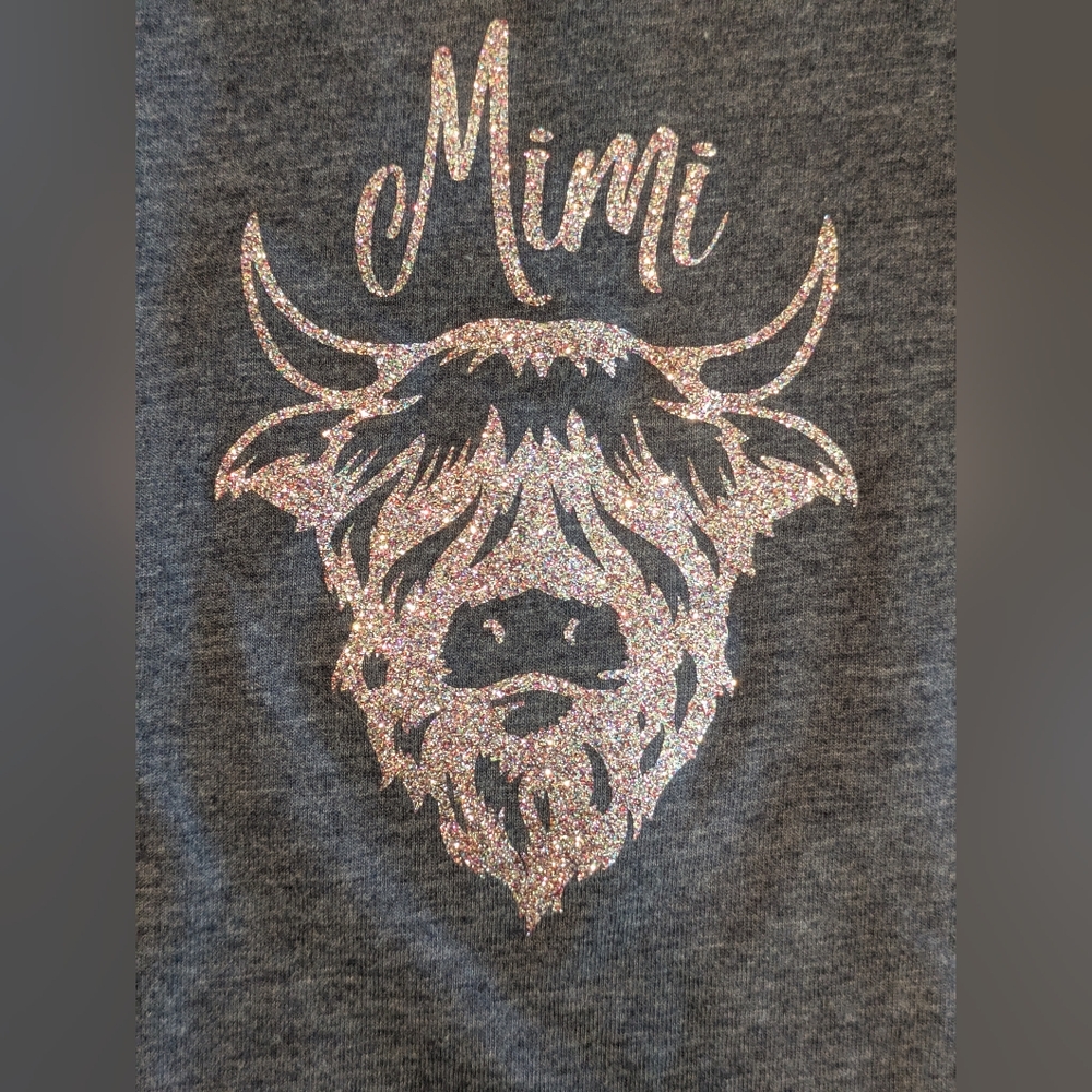 Mimi Highland Cow Glitter Graphic V-Neck Tee Gray Grandma Gift Shirt